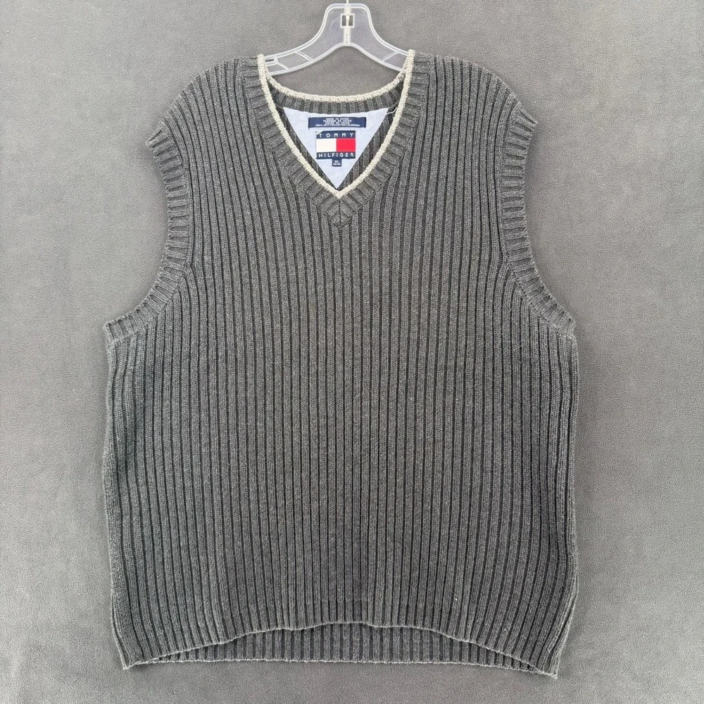 VTG Tommy Hilfiger Men's Sweater Vest XL] Gray Ribbed Knit V-Neck Preppy READ
